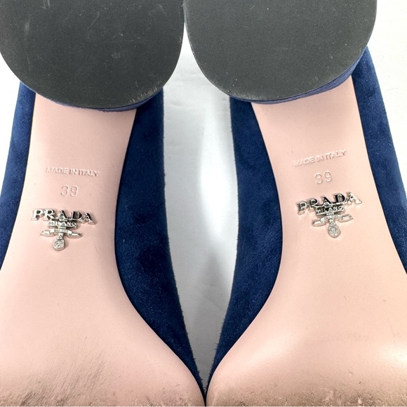 PRADA blue suede block heels, silver tone floral accents, made in Italy, size 39 - Picture 12 of 13